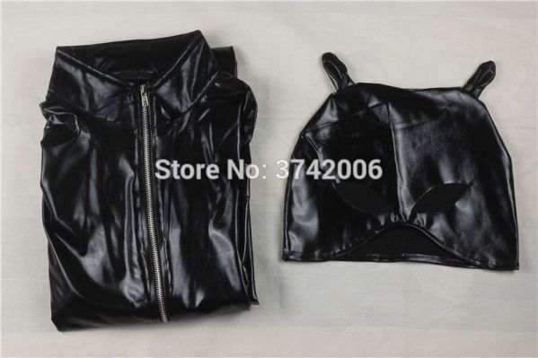 Women Black Faux Leather Long Sleeve Catsuit Jumpsuit Exotic Fetish Zipper Catwomen Bodysuit With Mask - Image 4