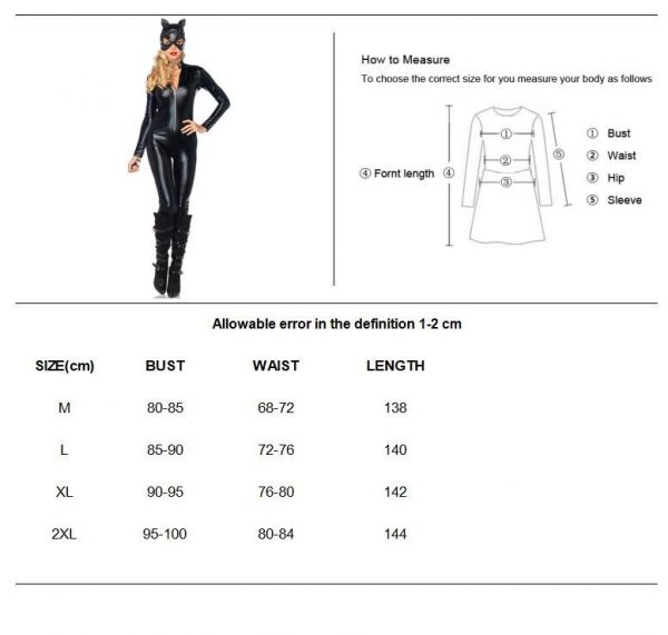 Women Black Faux Leather Long Sleeve Catsuit Jumpsuit Exotic Fetish Zipper Catwomen Bodysuit With Mask - Image 3