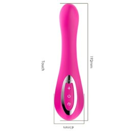 Handheld pink personal massage device with control buttons.