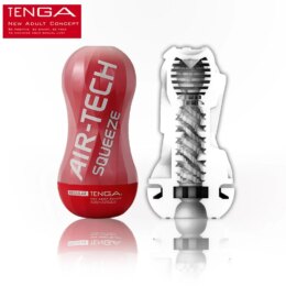 Tenga Air-Tech Squeeze male pleasure device and section view.