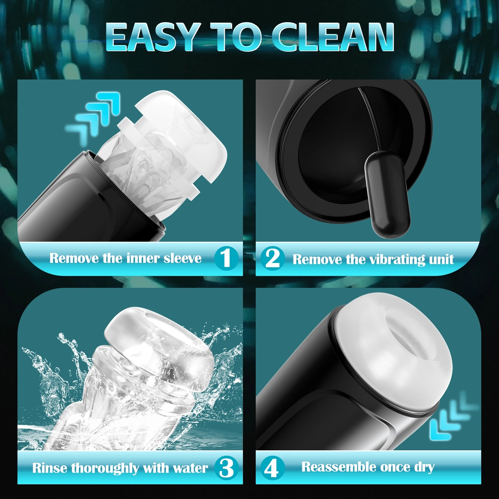 Cleaning steps for device with removable parts.