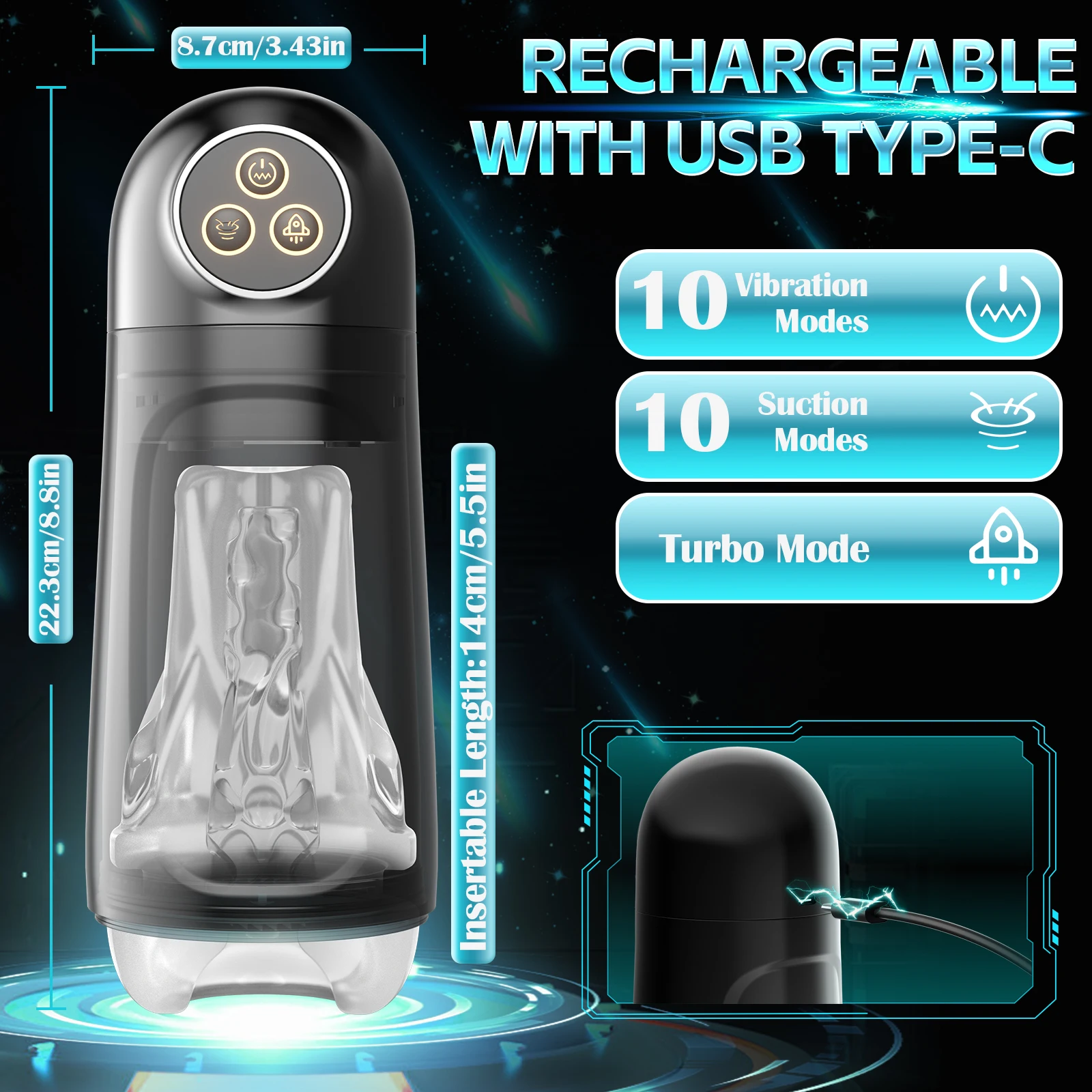 Rechargeable personal device with USB-C, vibration, suction modes.