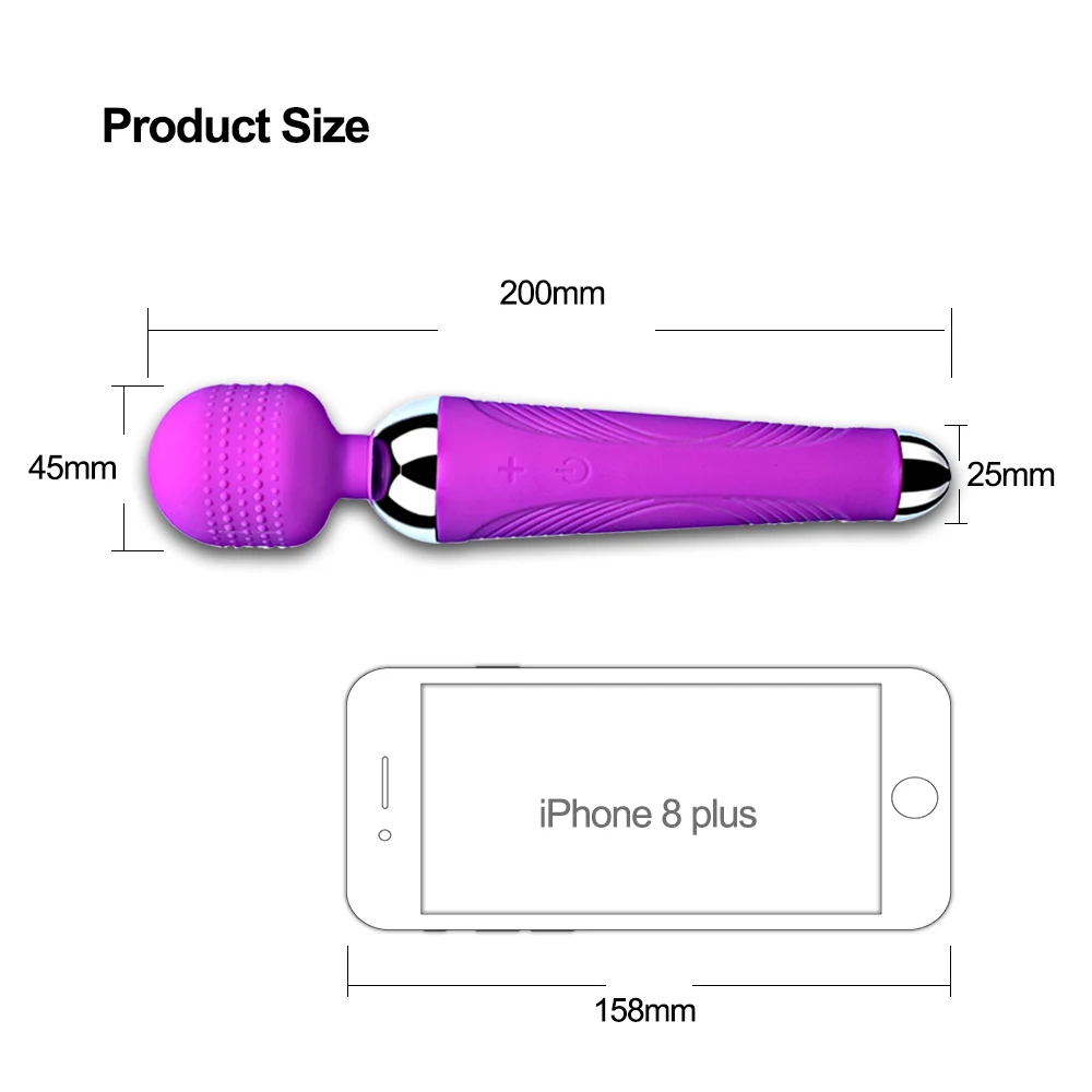Vibrating wand dimensions compared to iPhone 8 Plus.