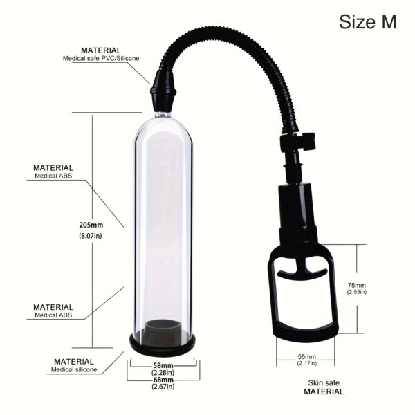 Medical-grade vacuum device with size and material details.