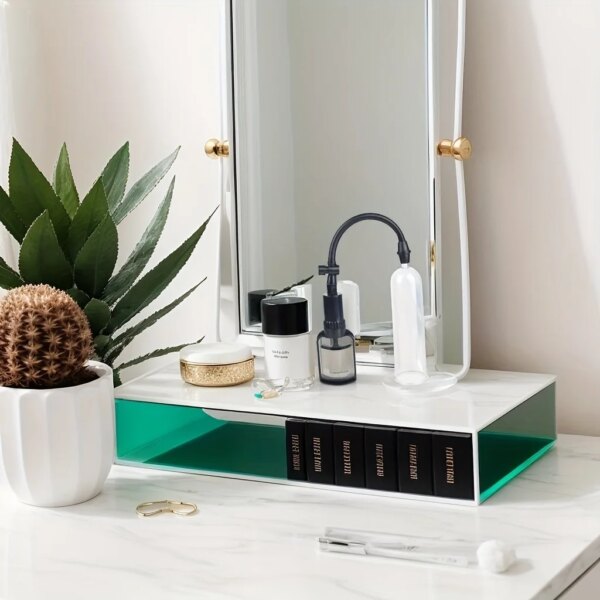 Vanity setup with mirror, plants, and cosmetics.