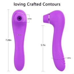 Purple handheld massager with dimensions and contours