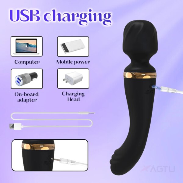 USB rechargeable massager with charging options.