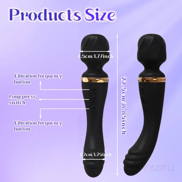 Black massager size and button features.