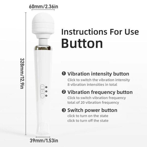 Handheld massager dimensions and button instructions.