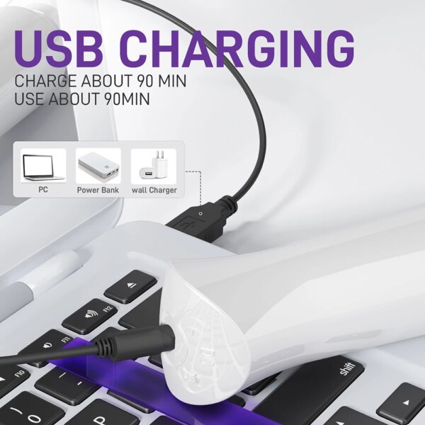 USB charging device, 90-minute charge and use time.