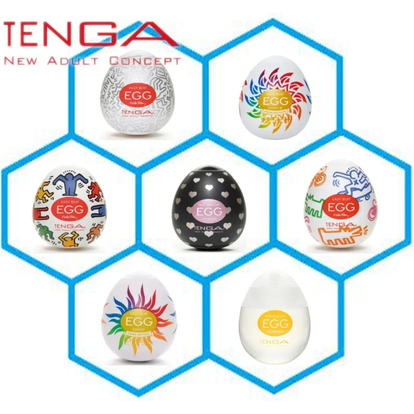 Hexagonal arrangement of Tenga Egg products.