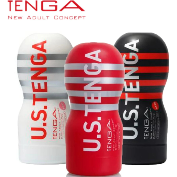 Three Tenga products with bold U.S. Tenga branding