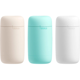 Three cylindrical containers in different colors