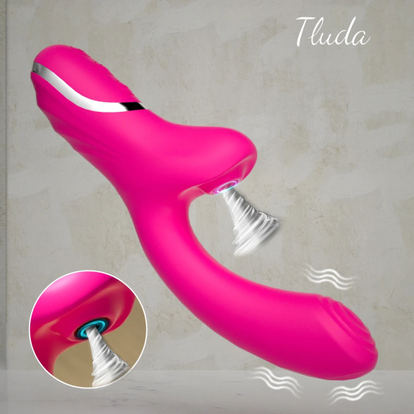 Pink curved vibrator with rotating suction head