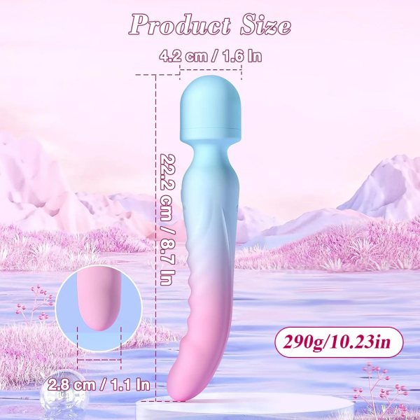 Pastel gradient curved wand vibrator with dimensions labeled