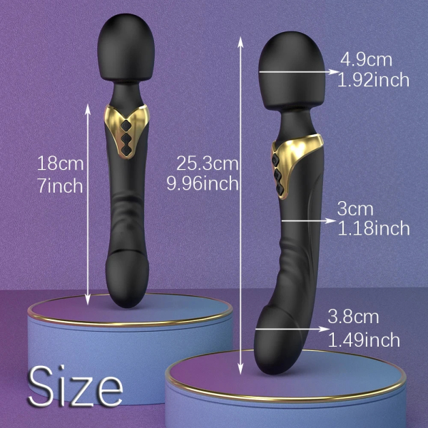Black handheld massager with size measurements displayed