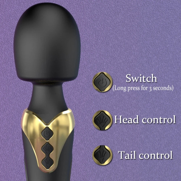 Black and gold handheld massager with control buttons