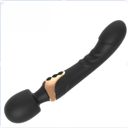 Black handheld wand massager on white background