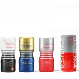 Four Tenga adult product cups on white background