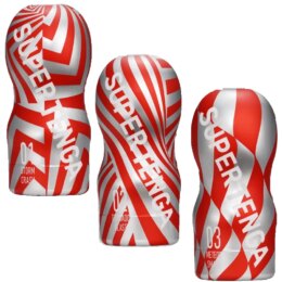 Three red and white Super Tenga containers
