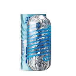 Clear male masturbator with blue spiral sleeve and box