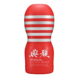 Red Tenga male masturbator cup with white stripes