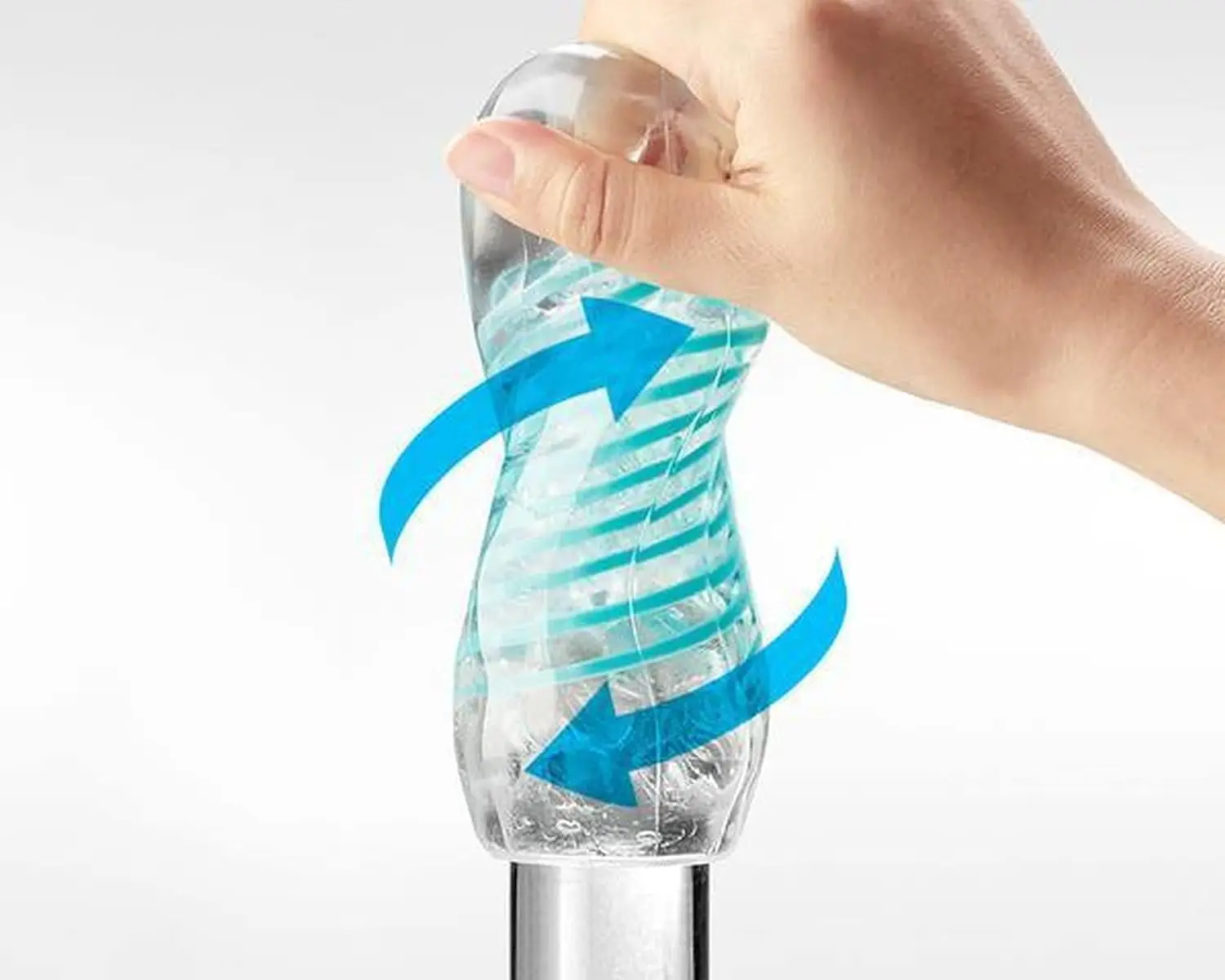 Hand twisting plastic bottle with blue arrows