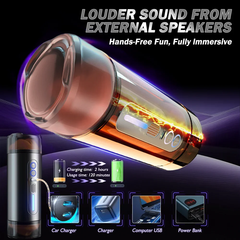 Automatic male masturbator with external speakers and charging options
