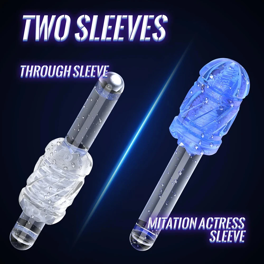 Two textured transparent penis sleeves on dark background