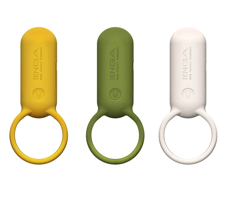 Three colorful handheld ring devices on white background
