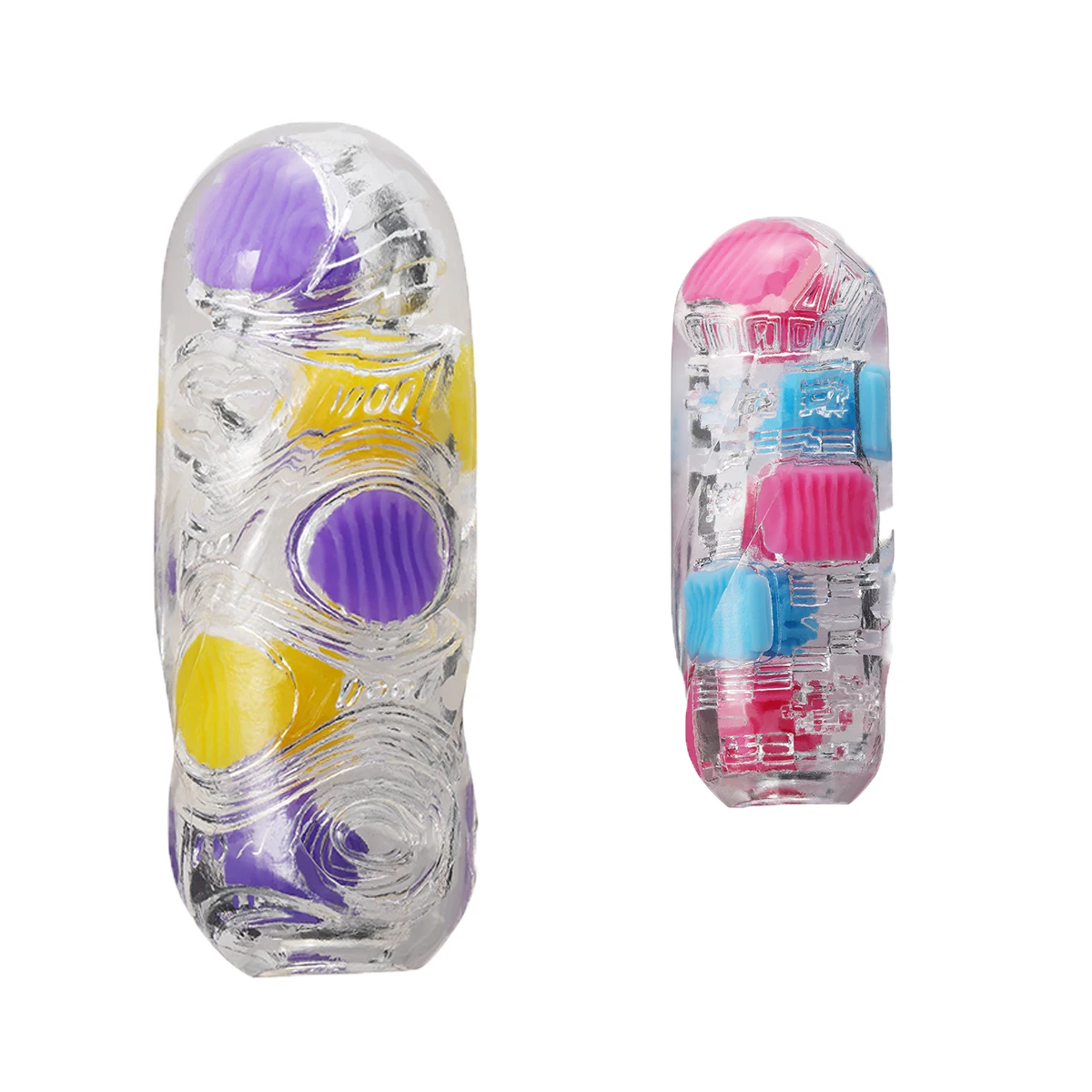 Two clear textured adult toy sleeves with colors