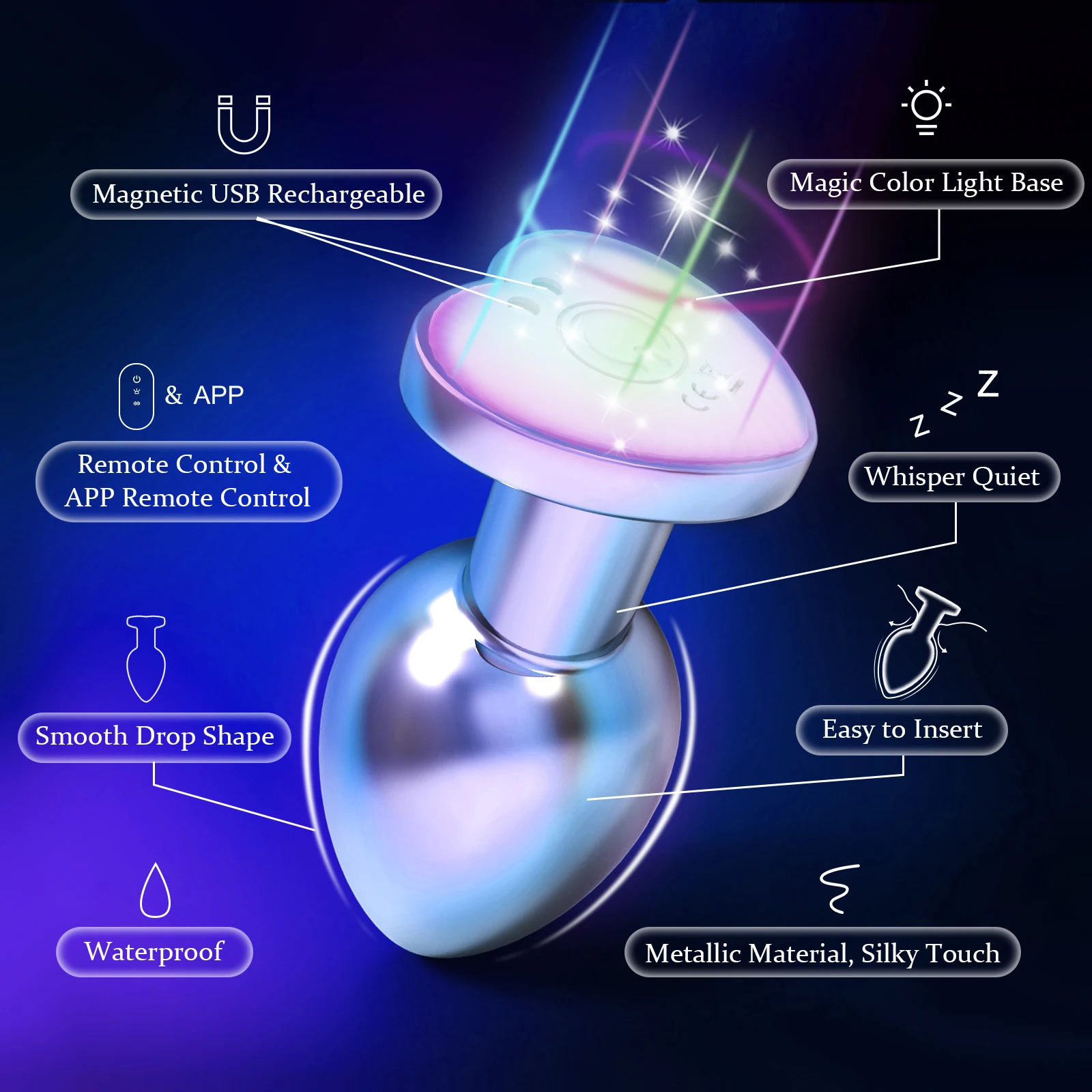 Metallic drop-shaped adult plug with light base