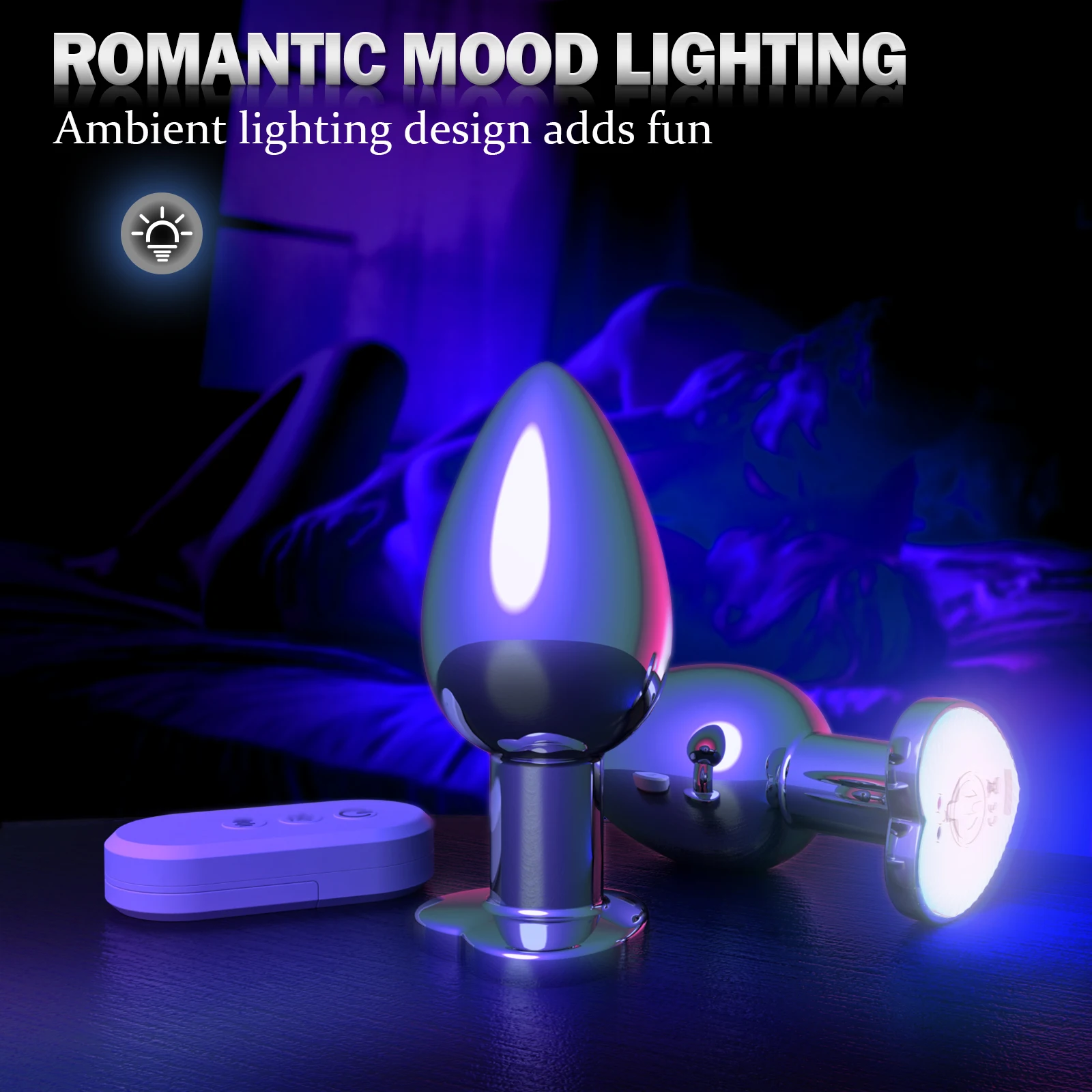 Purple ambient bedside lamps in romantic bedroom setting