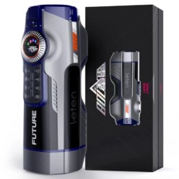 Futuristic male masturbator device with retail packaging