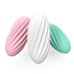 Three ribbed pastel oval shapes on white background